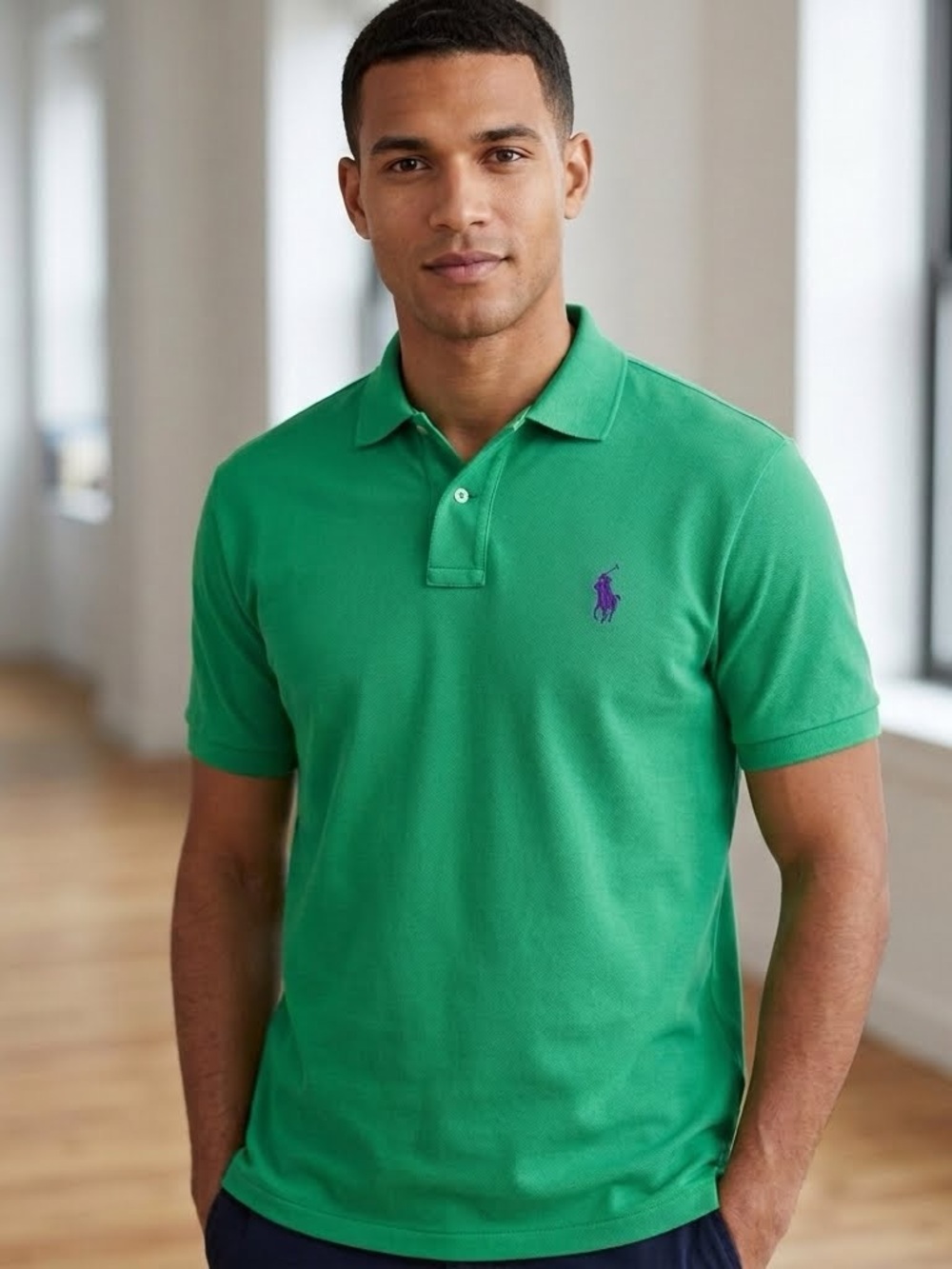 Polo by Ralph Lauren Green Short-Sleeve Pique Polo with Purple Logo EUC